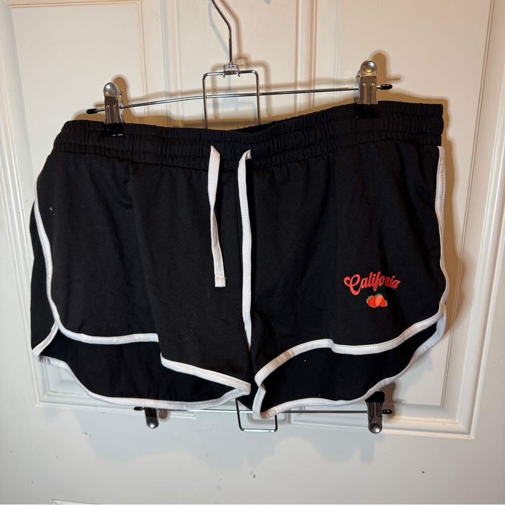 Black Athletic Lounge Shorts with White Trim ‘California’ Strawberry Graphic XL